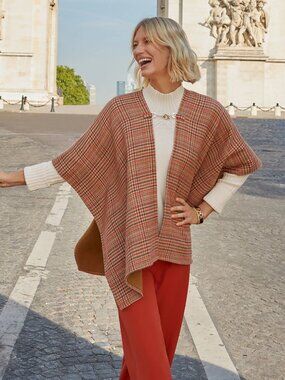 Talbots Campfire Plaid Ruana Brown & Orange Buckle Front Close size M/L